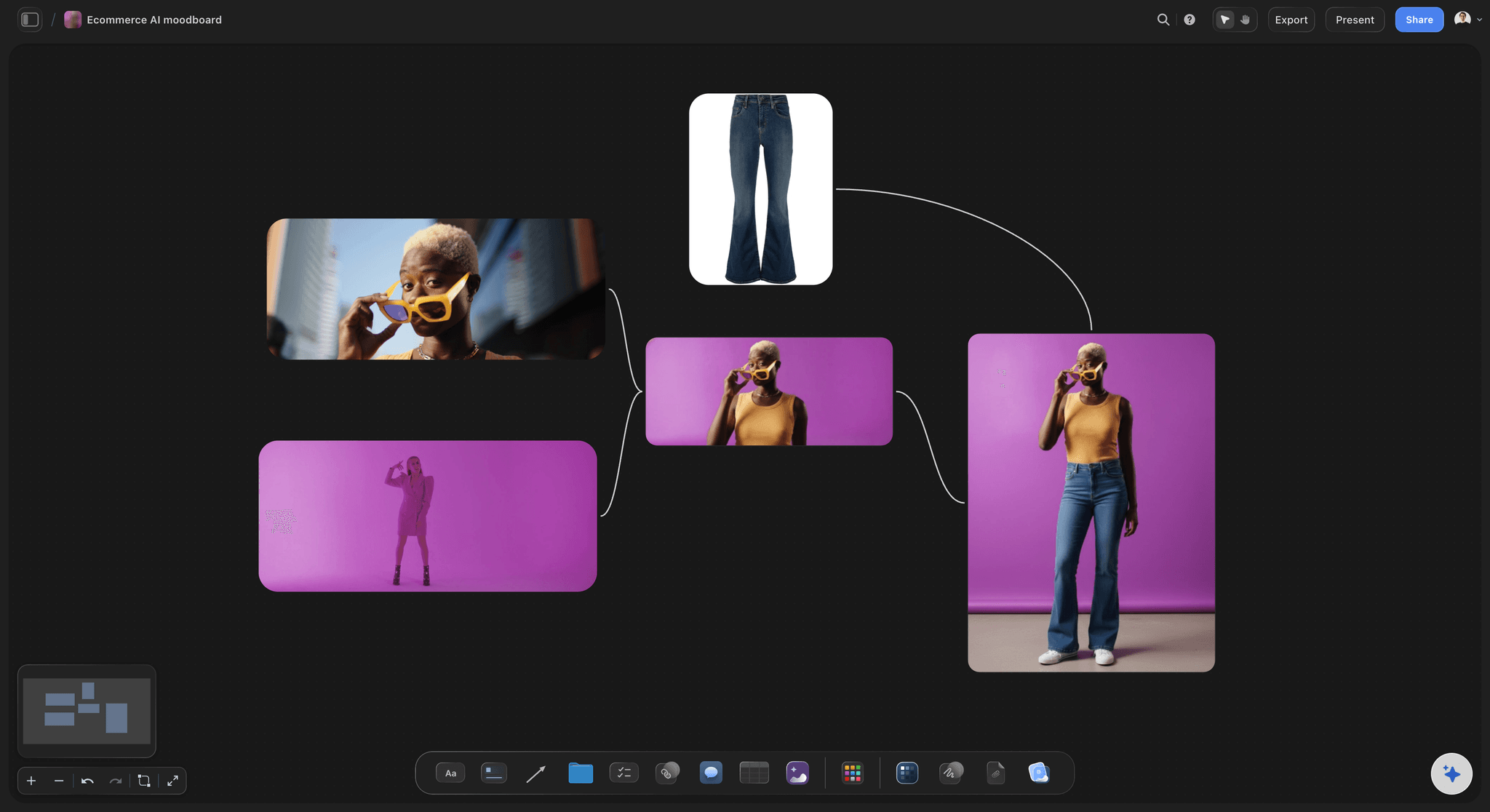 An ecommerce moodboard with product and model shots in several colourways, linked as variations of one idea